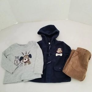Boys 3-Pc Outfit 18M Blue Hooded Jacket Brown Cord Pants Gray LS Tee Dog Graphic